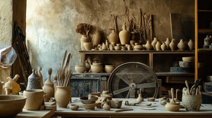 Fototapeta premium A serene pottery studio with pottery wheels and creative clay sculptures, Pottery tools and pottery pieces arranged for artistic expression, Natural photo of