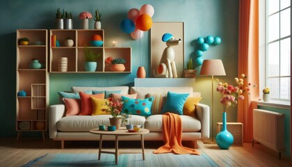 Cozy living room interior, warm color palette, wooden bookshelves, colorful book spines, blue floor lamp, grey sofa, orange throw blanket, teal cushions, wooden coffee table, potted plants, soft light