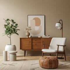 Mid-century modern living room, warm earthy tones, wooden sideboard, white armchair, abstract wall art, geometric rug, potted plants, floor lamp, minimalist decor, natural light, cozy interior, retro 