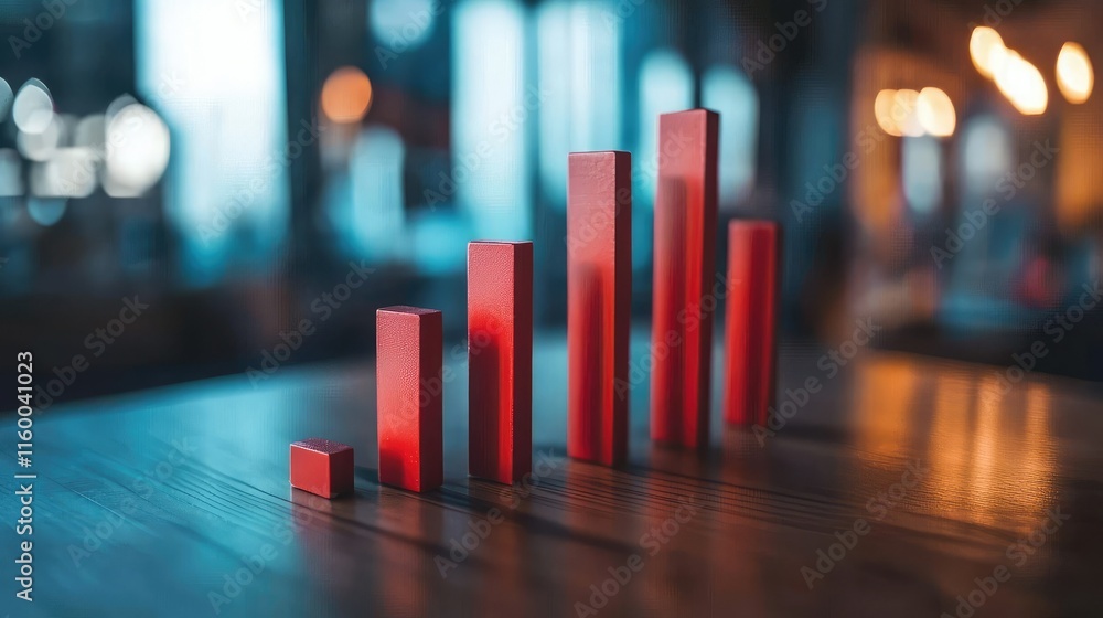 Poster red bar graph on wooden table with blurred background effects