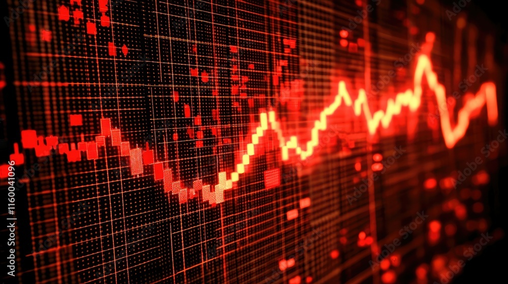 Poster vibrant red data visualization with graph lines and grid background