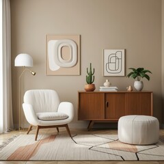 Mid-century modern living room, warm earthy tones, wooden sideboard, white armchair, abstract wall art, geometric rug, potted plants, floor lamp, minimalist decor, natural light, cozy interior, retro 