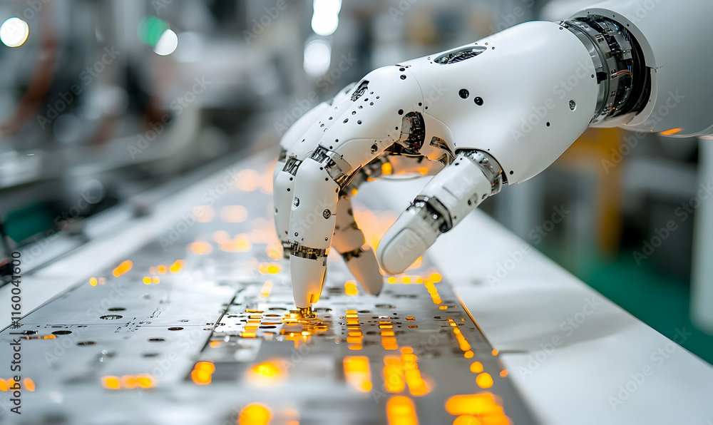 Poster a robotic hand interacts with a circuit board, highlighting technology and automation.