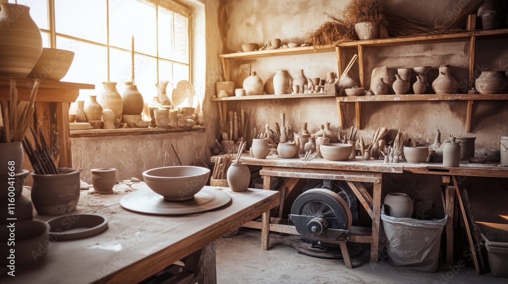 Poster A serene pottery workshop with spinning wheels and clay, Artisan tools neatly arranged in a rustic studio, Craftsmanship charm style