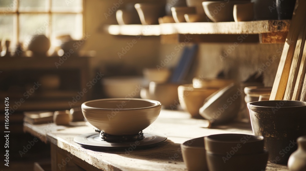 Poster A serene pottery workshop with spinning wheels and clay, Artisan tools neatly arranged in a rustic studio, Craftsmanship charm style