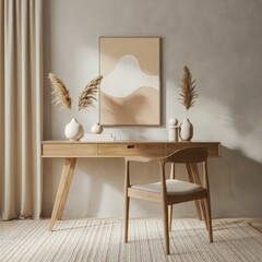 Minimalist home office setup, neutral tones, wooden desk, mid-century modern chair, beige ceramic vases, dried pampas grass, woven basket, textured wall, soft lighting, empty picture frame, cozy atmos