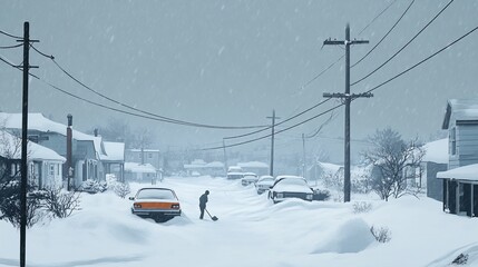 Snow-covered street with a person shoveling amidst heavy snowfall.
