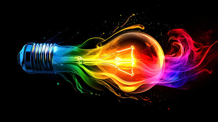 Creative light bulb explodes with colorful paint, sparks and splashes on a black background, concept. Think differently creative idea concept. Motion Color, Ink swirling
