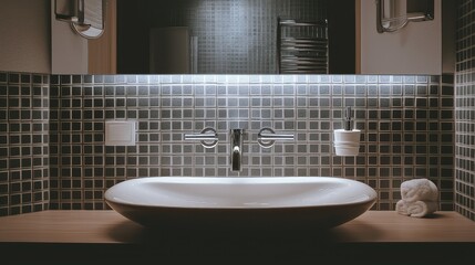 Fototapeta premium Modern Bathroom Interior with Unique Sink and Stylish Lighting
