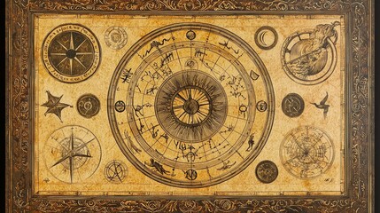 Ancient Celestial Map with Astrological Symbols and Details