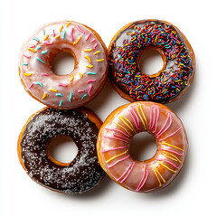 Colorful doughnuts with icing and sprinkles on white background isolated design on white background