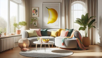 Interior design, living room, modern Scandinavian style, white walls, arched window, fiddle leaf fig plant, lemon art print, gray L-shaped sofa, colorful throw pillows, yellow blanket, round blue rug,