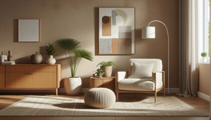Mid-century modern living room, warm earthy tones, wooden sideboard, white armchair, abstract wall art, geometric rug, potted plants, floor lamp, minimalist decor, natural light, cozy interior, retro 