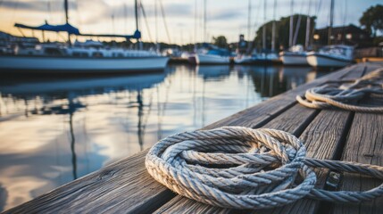 A serene sailing marina with sailboats bobbing gently on calm waters, Nautical gear and ropes neatly coiled on docks, Maritime adventure style