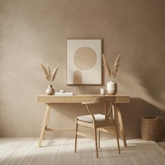 Minimalist home office setup, neutral tones, wooden desk, mid-century modern chair, beige ceramic vases, dried pampas grass, woven basket, textured wall, soft lighting, empty picture frame, cozy atmos