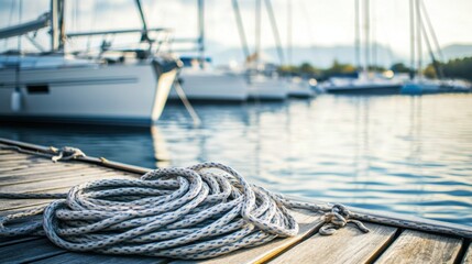 Obraz premium A serene sailing marina with sailboats bobbing gently on calm waters, Nautical gear and ropes neatly coiled on docks, Maritime adventure style