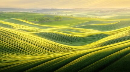 Rolling green hills at sunrise.