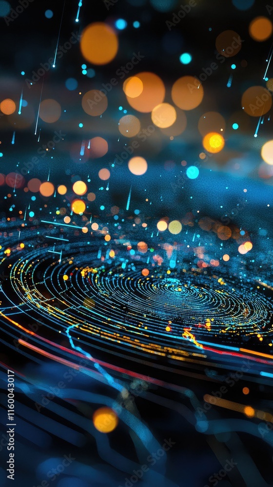Poster abstract design of light trails and bokeh effect in blue and yellow