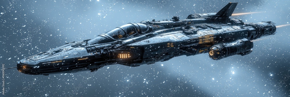 Poster a futuristic spaceship soaring through a snowy space environment.