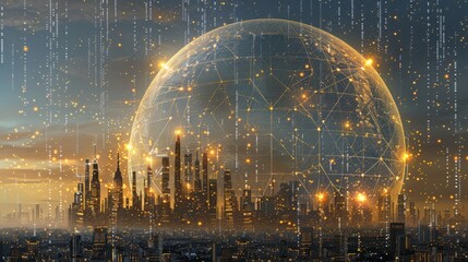 Futuristic cityscape enveloped by a glowing digital sphere under a rain of data streams at sunset.