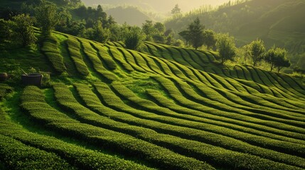 Fototapeta premium A serene tea plantation with rows of tea bushes on rolling hills, Traditional tea picking baskets and tools in use, Tea culture style