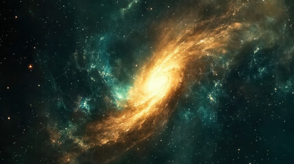 Fototapeta premium Abstract cosmic texture, swirling nebula-like patterns in deep teal and gold, illuminated with subtle streaks of turquoise