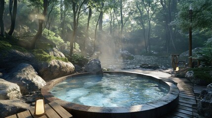 Tranquil Hot Spring in a Misty Forest