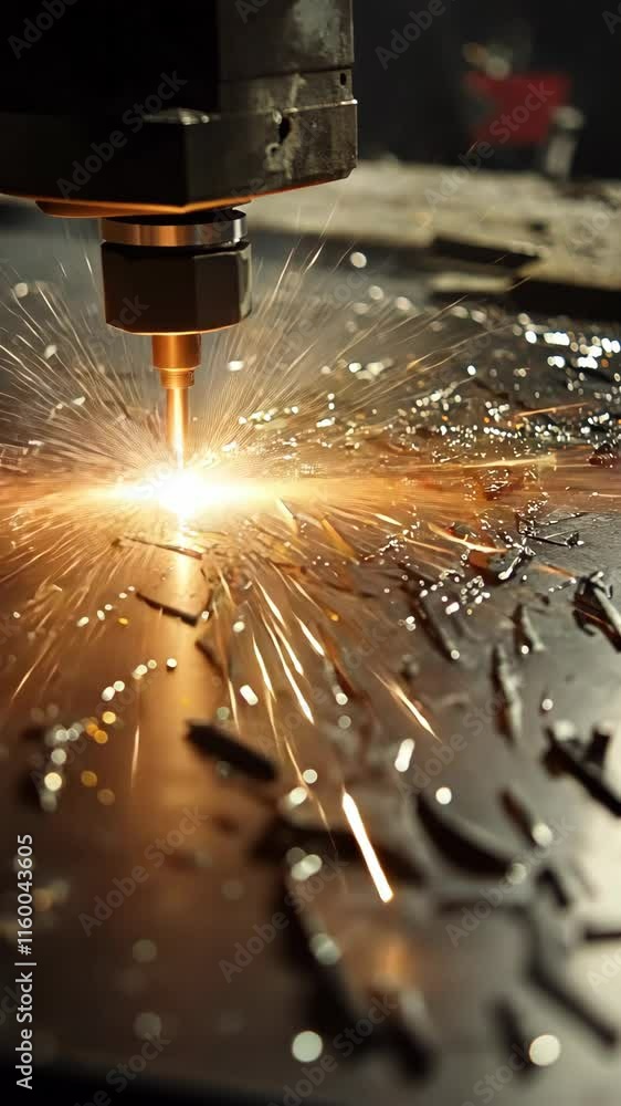 Poster precision cutting process with sparks and glowing metal in a workshop setting