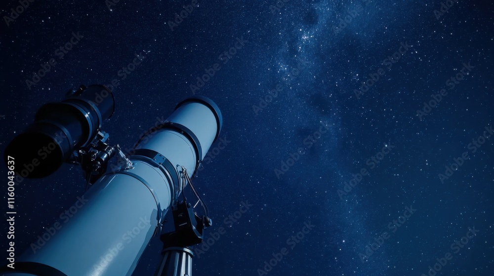 Poster a serene telescope observatory under a starry sky, telescopes and astronomy tools meticulously arran