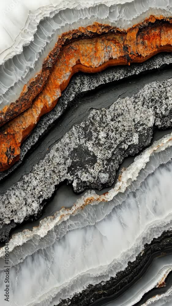 Poster natural stone with layers of orange, black, gray, and white showing unique patterns and textures in 