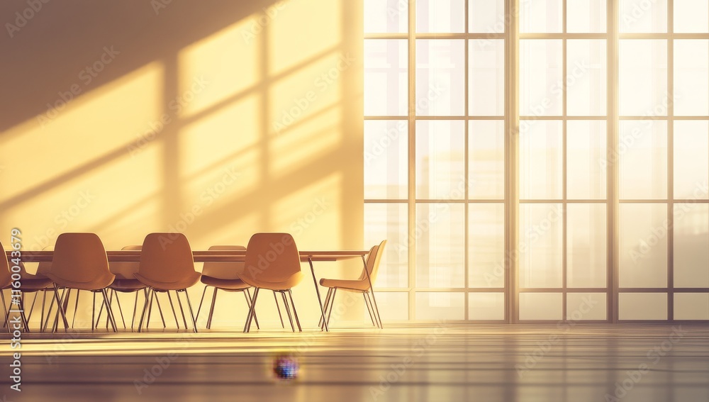Poster sunlit modern office with large window and conference table.