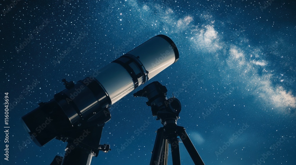 Poster a serene telescope observatory under a starry sky, telescopes and astronomy tools meticulously arran