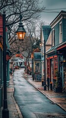 Fototapeta premium Charming cobblestone street with colorful houses and lanterns