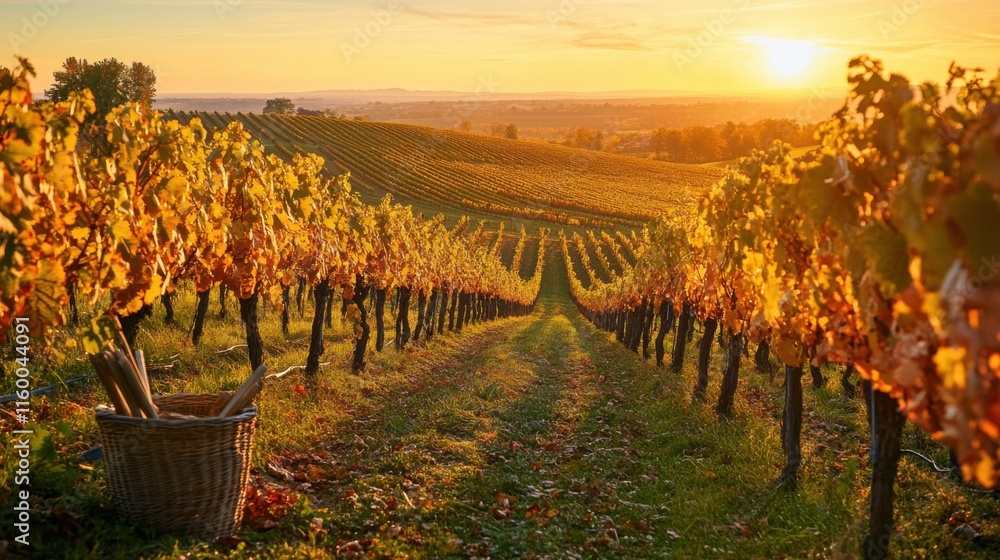 Poster a serene vineyard at sunset with rows of grapevines stretching into the distance, pruning shears and