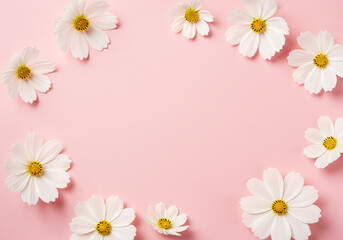 Fototapeta premium Pink background with a circular frame of white flowers: Generated image