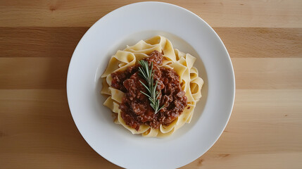 Pappardelle Pasta with Lamb Ragu Garnished with Fresh Rosemary