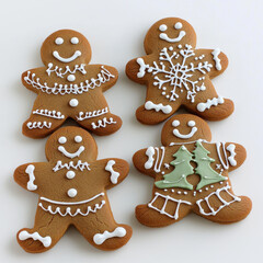 Gingerbread cookies with festive icing designs on white background isolated design on white background