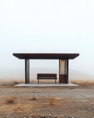 A bus stop with an empty advertising billboard in an urban setting with fallen leaves on the ground and a bus passing by in the background. Generative AI