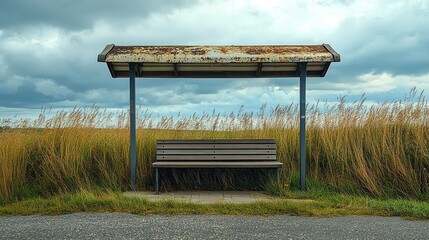 A bus stop with an empty advertising billboard in an urban setting with fallen leaves on the ground and a bus passing by in the background. Generative AI