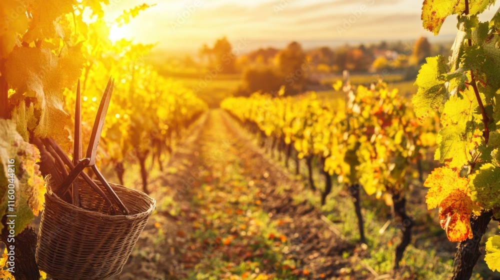 Poster a serene vineyard at sunset with rows of grapevines stretching into the distance, pruning shears and
