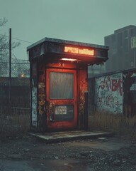 A bus stop with an empty advertising billboard in an urban setting with fallen leaves on the ground and a bus passing by in the background. Generative AI