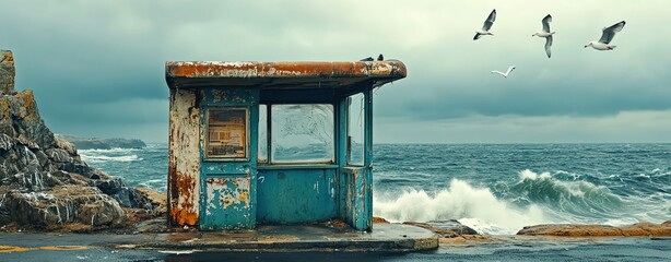 A bus stop with an empty advertising billboard in an urban setting with fallen leaves on the ground and a bus passing by in the background. Generative AI