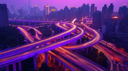 Obraz premium Night cityscape with complex highway interchange and purple sky.