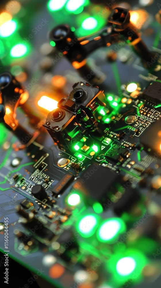 Poster macro view of circuit board with colorful lights and connections
