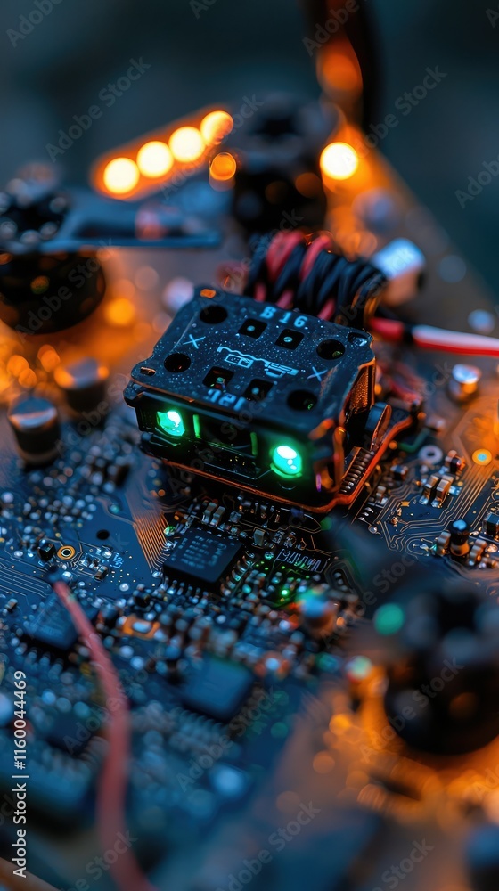 Poster close-up of circuit board with illuminated components and details