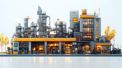 A detailed industrial facility with pipes, machinery, and a modern design.