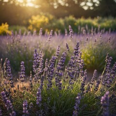 Fototapeta premium Blooming lavender flowers in a field with a peaceful, tranquil background of green and yellow bokeh, eliciting the beauty of nature.