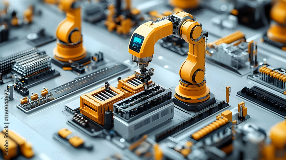 Poster a robotic arm assembling components on a manufacturing floor, showcasing automation technology.