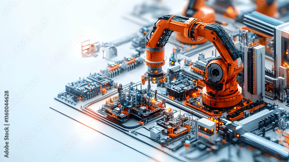 Aufkleber a futuristic robotic arm assembling components on a circuit board in an industrial setting.