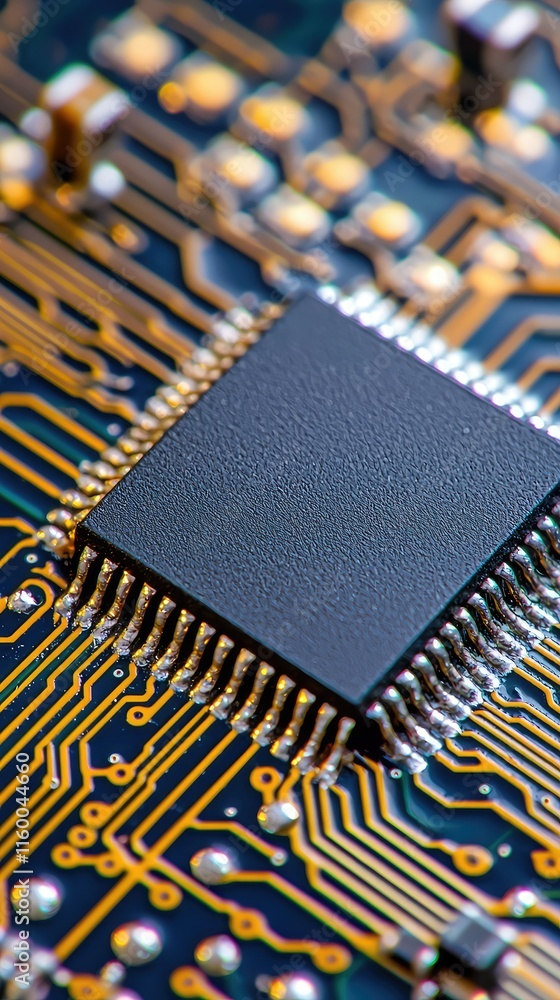 Aufkleber close-up view of microchip on a circuit board with gold connections